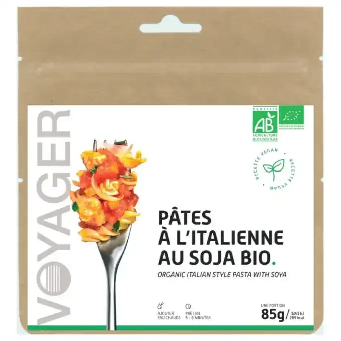 Repas lyophilisé Voyager Pâtes à l’italienne au soja bio 85g Vente Directe