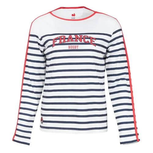 T-shirt Manches Longues Marinière France Rugby Blanc pour Femme